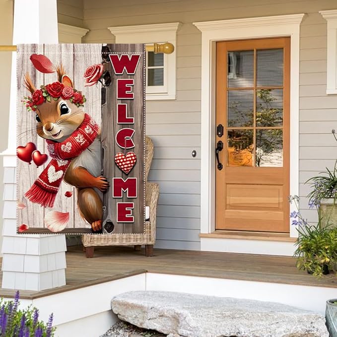 Valentine’s Day Garden Flag 28x40inch Double Sided The Squirrel Red Love Heart Rose Valentine’s Garden Flags For Home Outdoor Yard Patio Lawn Decor,Welcome Valentine Garden Outside Decorations Banner