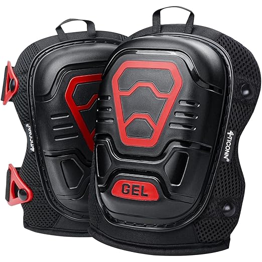 TICONN Gel Knee Pads for Work, Professional Heavy Duty Work Knee Pads for Men with Soft Foam and Gel Cushion for Men Construction, Garden, Flooring (Black/Red)