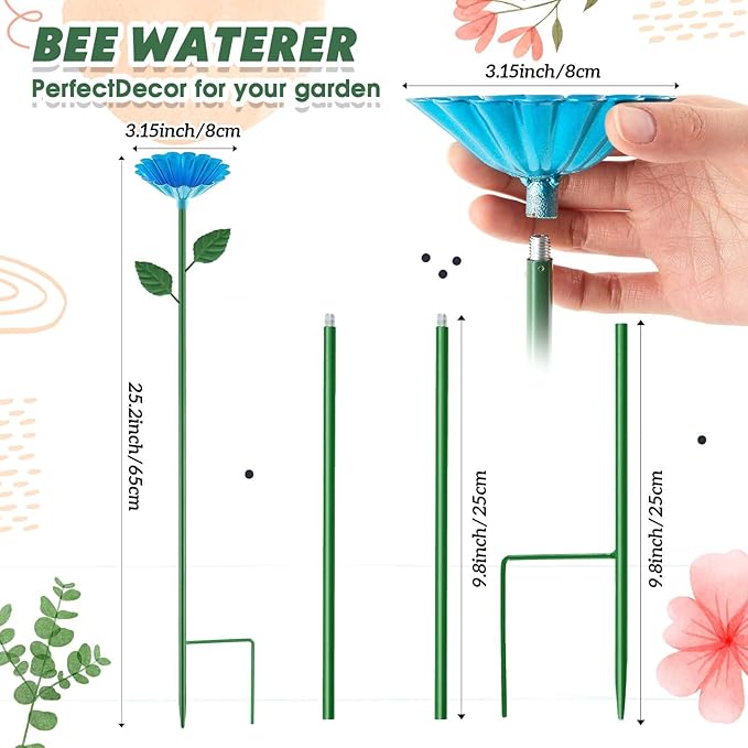 Tandefio 1 Pcs Bee Bath Watering Station, 25 x 2.6 Inch, Metal Flower Bee Feeder for Garden, Colorful Butterfly Feeder & Outdoor Pollinator Station for Birds, Bees & Butterflies(Blue)