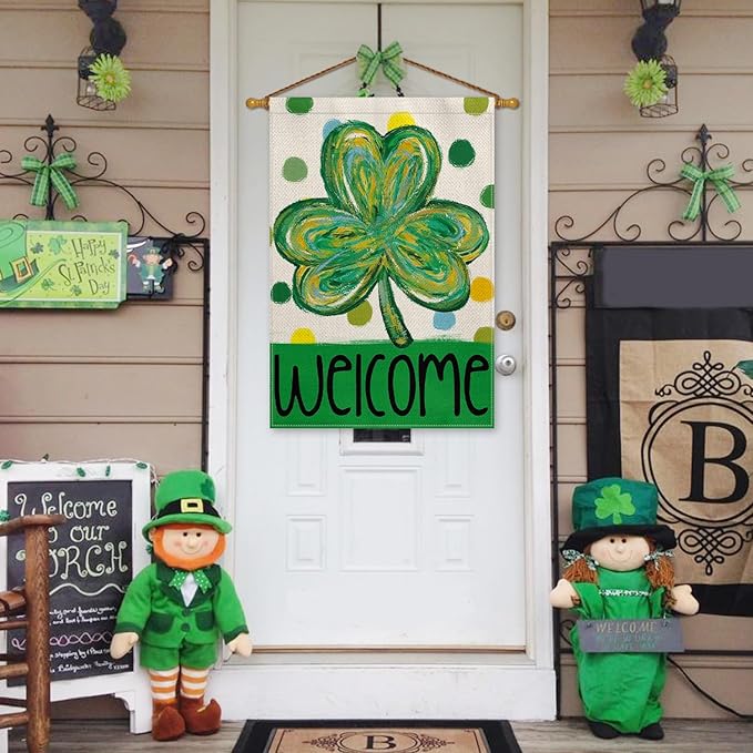 AVOIN colorlife St Patricks Day House Flag 28x40 Inch Double Sided Outside, Shamrock Clover Polka Dots Welcome Yard Outdoor Flag