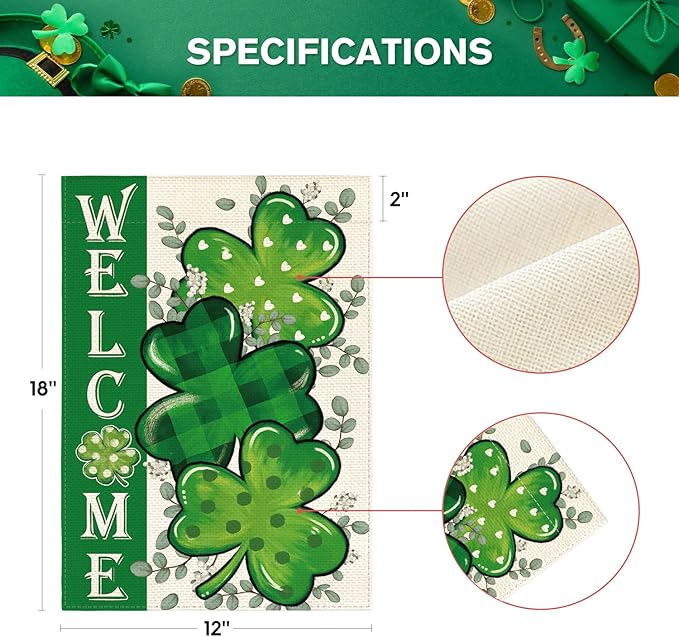 AVOIN colorlife St Patricks Day Garden Flag 12x18 Inch Double Sided Outside, Shamrock Lucky Clover Welcome Holiday Yard Outdoor Flag