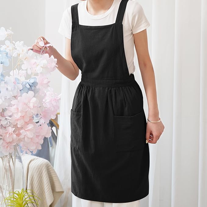 Cotton Linen Pinafore Apron Dress for Women with Pockets Cute Art Chef Aprons for Kitchen Baking Gardening Painting
