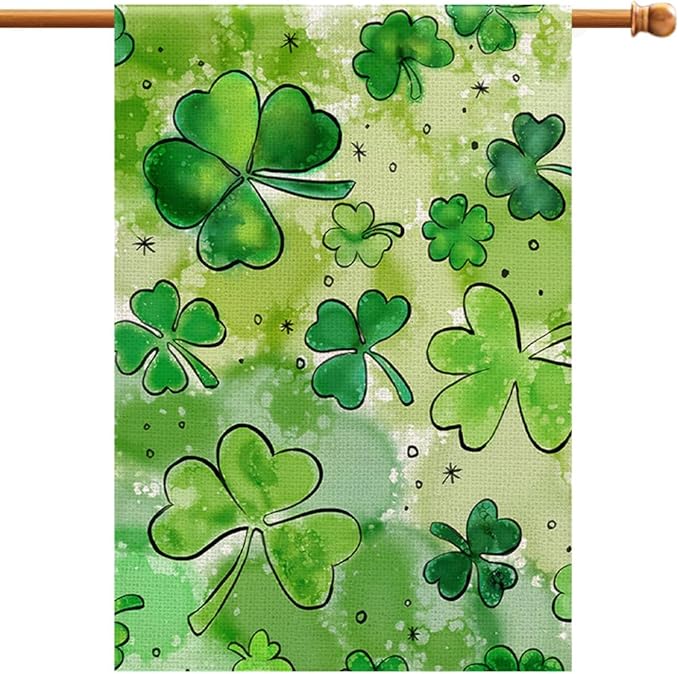 St Patricks Day House Flag for Outside 28x40 Inch Burlap Double Sided, Watercolor Green Lucky Shamrock Clover Sign Large Farmhouse Yard Outdoor Decoration DF434-28