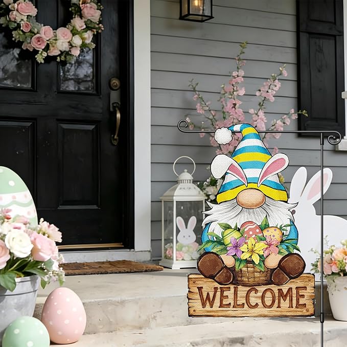Heyfibro Welcome Easter Garden Flag Banner Double Sided 12.6x18.9 Inch Bunny Gnome Garden Flag Small Yard Flags for Outside House Farmhouse Holiday Easter Outdoor Decorations
