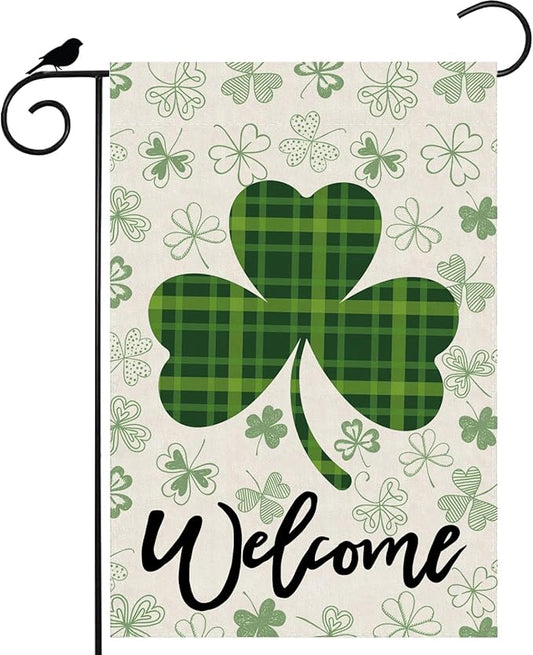 Welcome St. Patrick's Day Green Plaid Shamrocks Clovers Garden Flag Yard Flag 12x18 Inch Double Sided Small Mini Yard Outdoor Outside Holiday Decoration