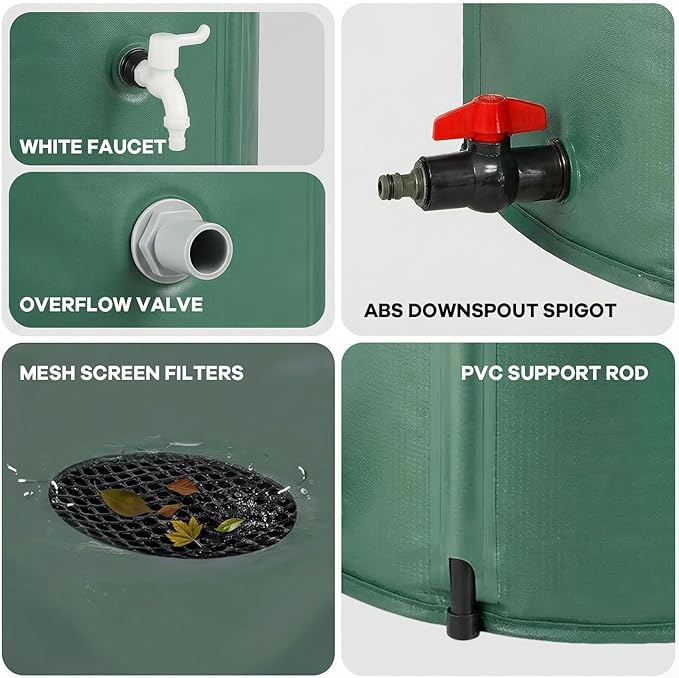 132Gallon/500L Collapsible Rain Barrel, Foldable PVC Rain Barrels with Spigots, Top Mesh Overflow Valve, Suitable for Collect Rainwater from Gutter for Garden Lawn, Cleaning Floors