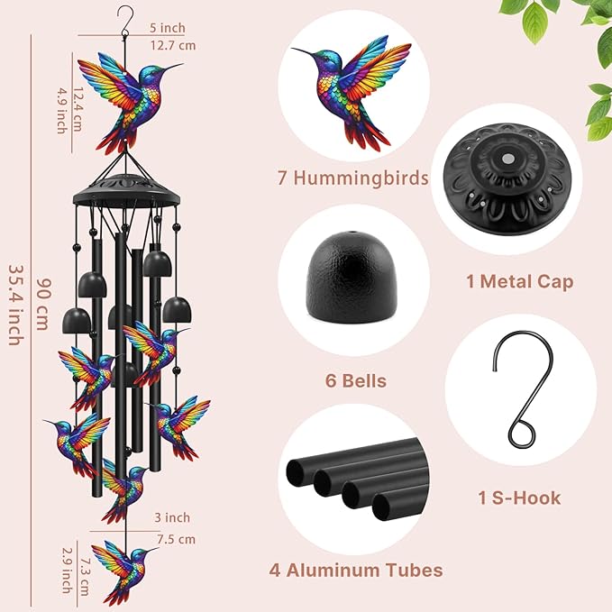Hummingbird Wind Chimes for Outside, Black Metal Windchimes Outdoors, Hummingbirds Gifts for Women/Men, Garden/Yard Decor, Memorial/Birthday Gifts for Grandma/Mom, Durable Chimes for Outdoors