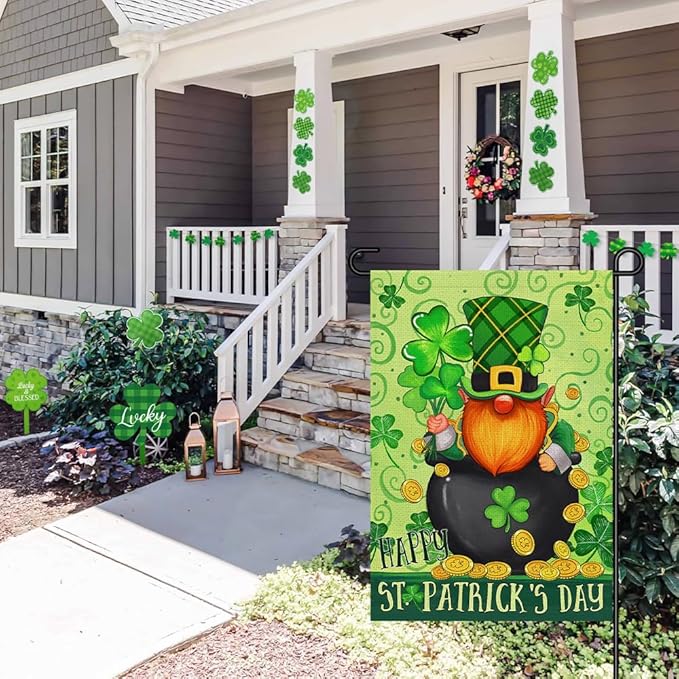 Happy St Patricks Day Gnome Garden Flag Burlap 12x18 Double Sided, Green Leprechaun Hat Shamrock Lucky Clover Holiday Party Sign Small Flags Yard Outdoor Decorations DF656