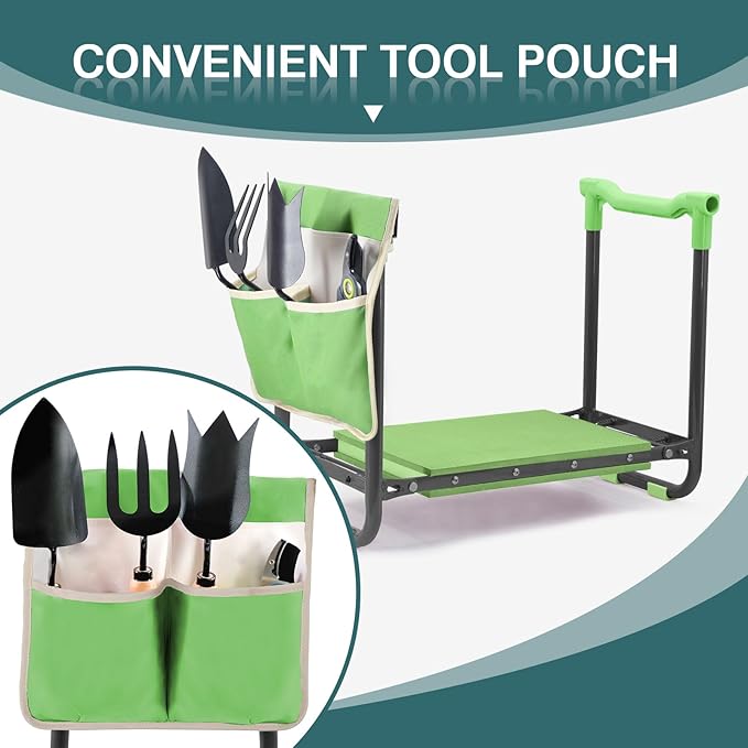 Foldable Garden Kneeler and Seat – 2-in-1 Gardening Stool with a Tool Storage Pouch, Lightweight and Portable for Elderly, Outdoor, Lawn Care (Green)