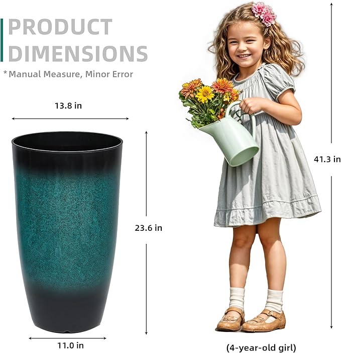 23.8" Tall Outdoor Planters Set of 2, Ceramic-Look Large Flower Pots for Indoor Outdoor Plants, All Seasons for Porch, Balcony, Garden, Patio or Home Art Decor, Gradient Turquoise Finish