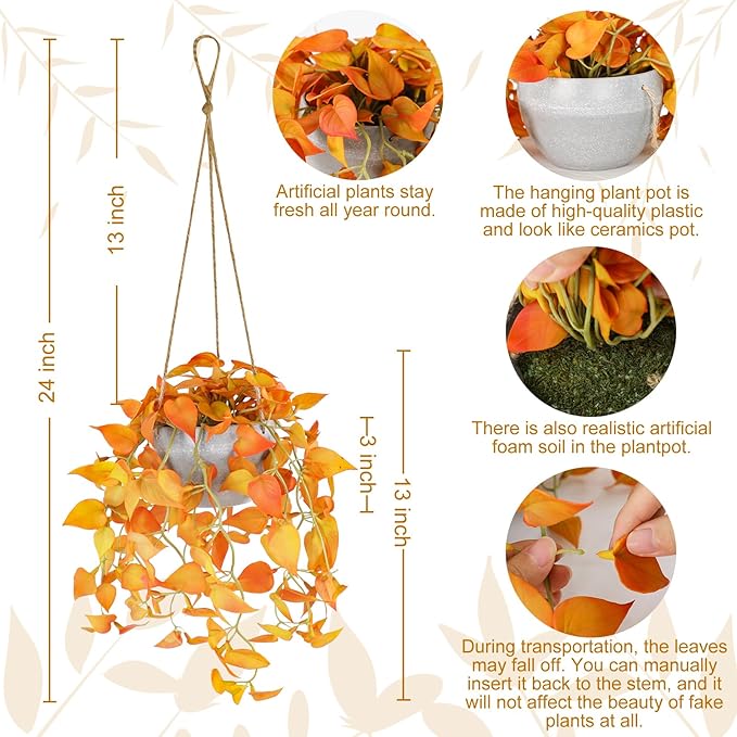 Autumn Fake Hanging Plants with Pot, 2 Pack Artificial Hanging Plants, Faux Anthurium Leaf Hanging Basket Plant for Wall Home Room Indoor Outdoor Office Decor