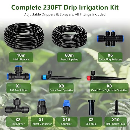 Drip Irrigation System Kit 230FT, Garden Watering System Drip Irrigation Kit with Quick-Connect 1/2'' & 1/4'' Tubing, 32 Adjustable Drippers & Sprayers, Irrigation System for Garden, Lawn, Greenhouse