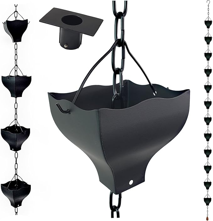 Original 9FT Black Tulip Iron Rain Chains for Gutter and Rain Barrel, Replacement for Downspout, Rust-Resistant Plated Garden Décor Rain Chain, Bonus Rain Chain Gutter Adapter, Earrings for House