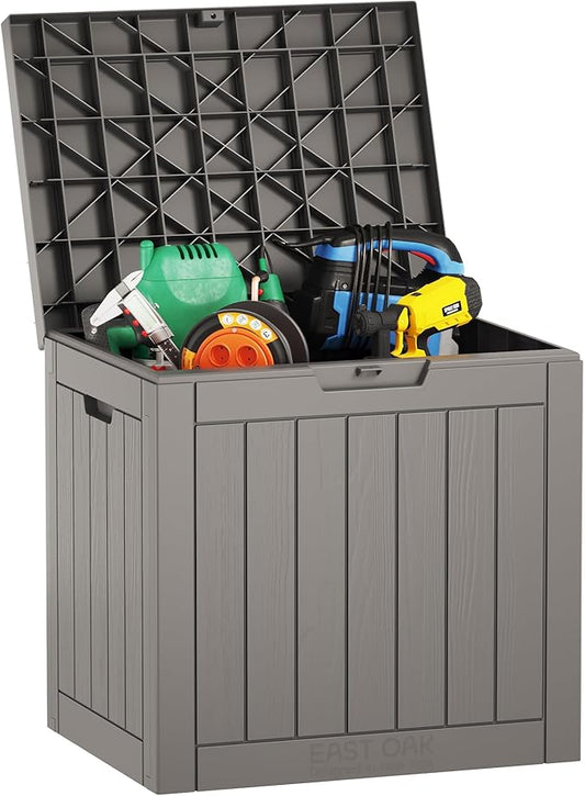 EAST OAK Outdoor Storage Box, 31 Gallon Deck Box Indoor and Outdoor Use, Waterproof Resin Storage Bin for Package Delivery, Patio Cushions, Gardening Tools, Lockable, UV Resistant, Grey