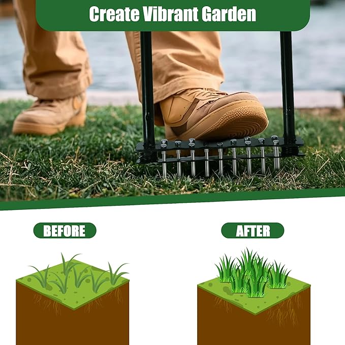 Manual Lawn Aerators with 14 Iron Spikes, Lawn Aerator Tool, Spring-Loaded Design Lawn Air Aerator Tool, Metal Manual Push Aerator, Lawn Tool for Loosening Soil Aerating Patio, Yard