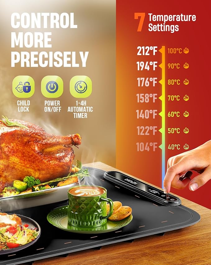 Warming Mat for Food, VEPOKA Food Warmer Mat for Countertop, Electric Warming Tray with 7 Temp Levels & Auto Shut-Off, Food Warmers for Parties, Ideal Gift for Kitchen & Buffet Use
