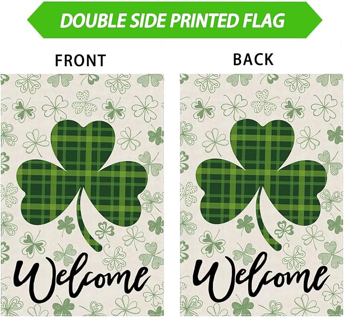 Welcome St. Patrick's Day Green Plaid Shamrocks Clovers House Flag Large Burlap 28X40 Inch Vertical Double Sided Outside Yard Holiday Outdoor Farmhouse Decoration