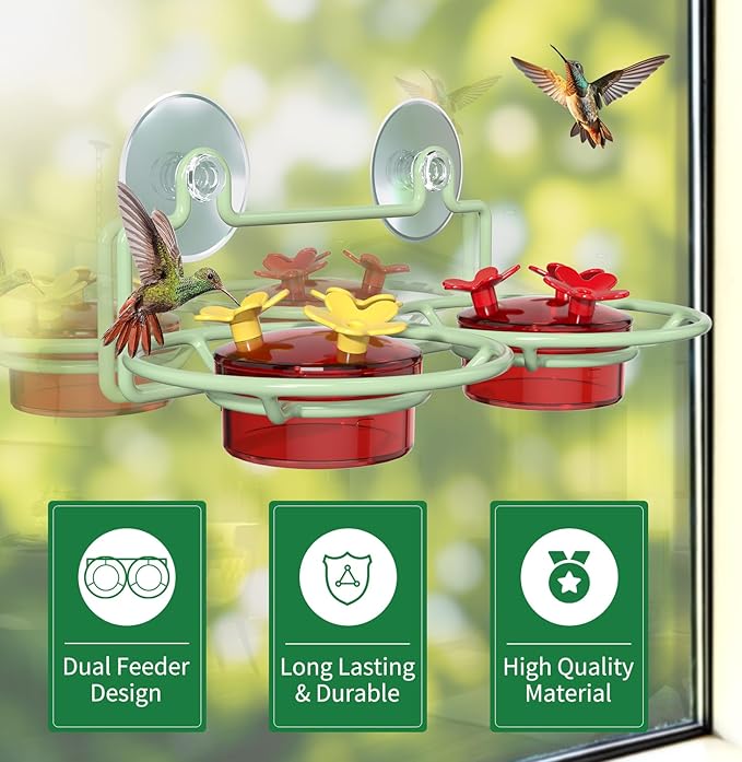 Window Hummingbird Feeder, Small Hummingbird Feeder for Outdoors with Strong Suction Cup - Metal Base & 6 Feeding Ports, Easy to Clean and Refill
