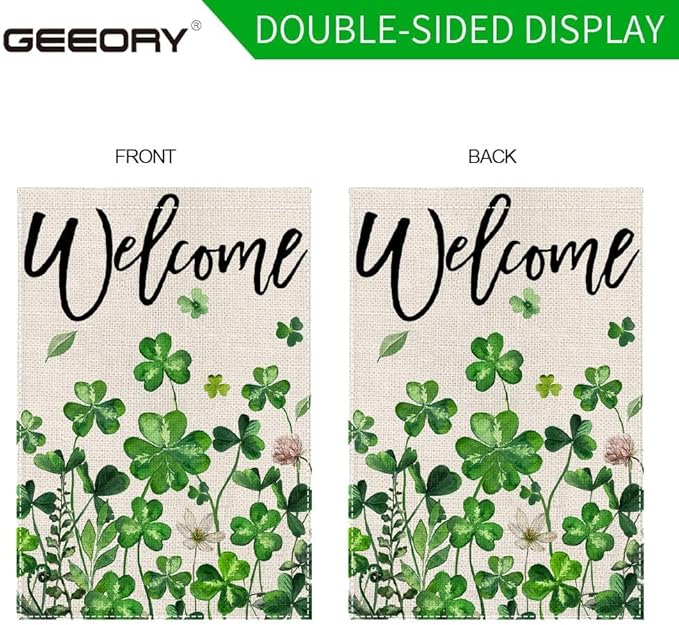 GEEORY St Patricks Day Shamrocks Garden Flag 12 x 18 Inch, Floral Clover Double Sided Decorative Flag For Outside Yard Lawn Outdoor Decoration