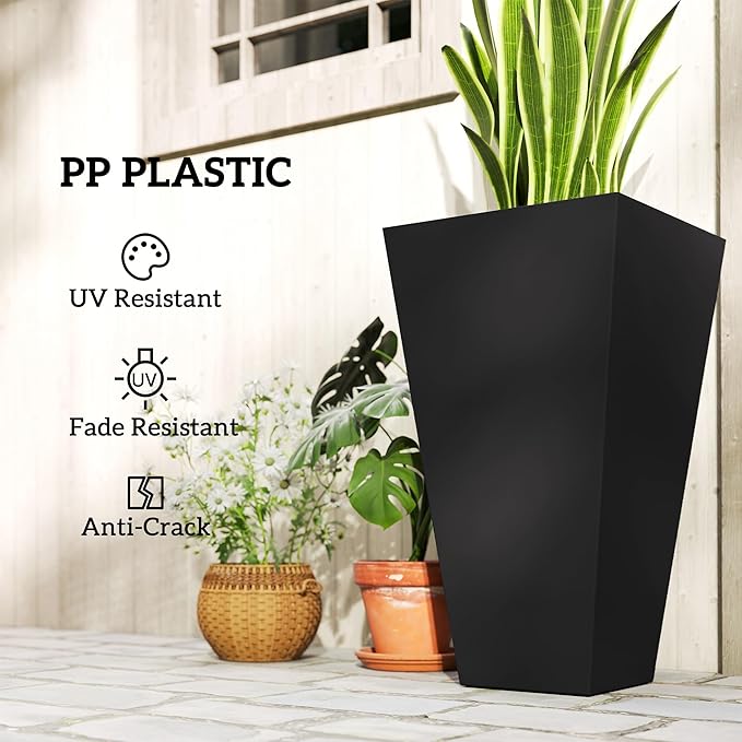 Outsunny Tall Planters for Outdoor Plants Set of 3, 28 in Taper Planters with Drainage Holes, Indoor Grande Plant Pots, Front Porch Decor, Black