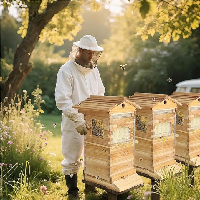 Self-Flowing Beehive Starter Kit Complete: Wooden Bee Box with Observation Window, Honey Spout, 4 Frames, 6 Honeycomb Trays, and Carpenter Bee House for Garden Pollinators, Easy Assembly