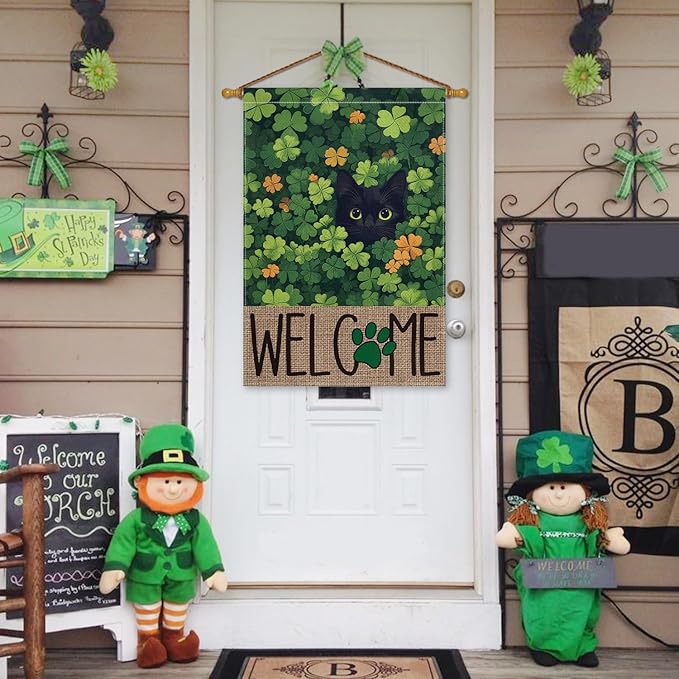 AVOIN colorlife St Patricks Day House Flag 28x40 Inch Double Sided Outside, Black Cat Welcome Shamrocks Holiday Yard Outdoor Flag