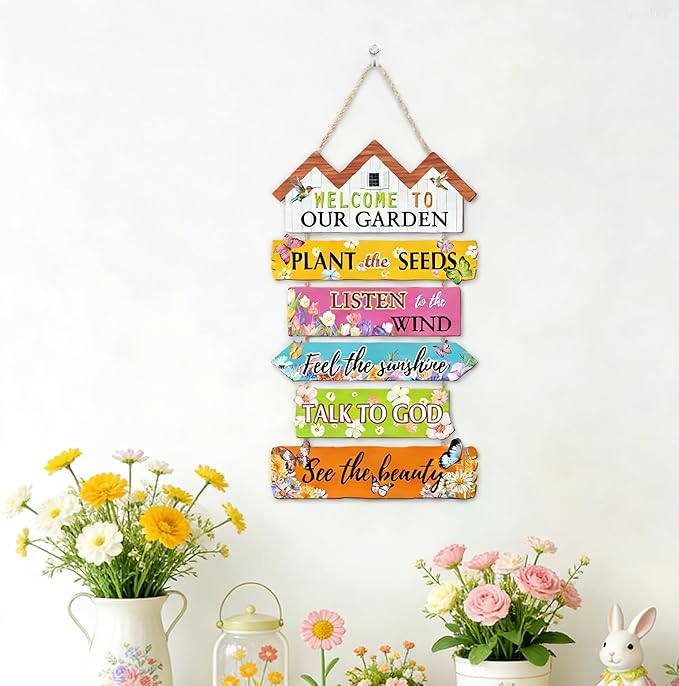 HOURIA Welcome to Our Garden Wooden Sign(11.4”x17.6”),Inspirational Gardening Signs for Outside,Colorful Garden Yard Greenhouse Decor,Gardening Gifts for Women, Men, Gardeners,Plant Lovers