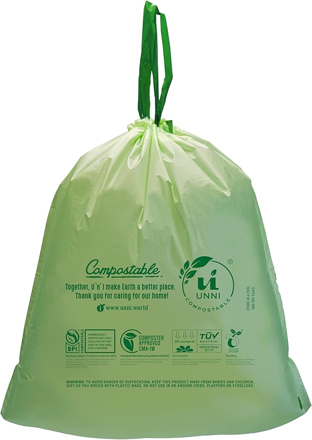 UNNI Compostable Drawstring Bags, 6-8 Gallon, 23-30 Liter, 45 Count, Heavy Duty 1 Mil, Medium Food Scrap Waste Bags, ASTM D6400, US BPI, CMA & Europe OK compost Certified, San Francisco