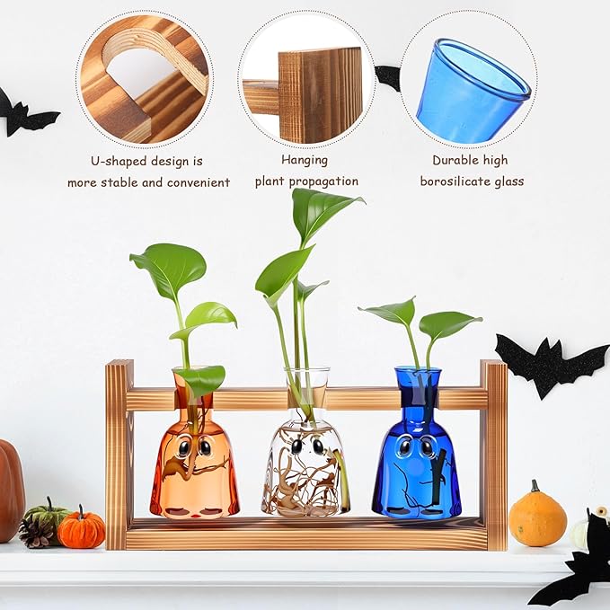 Mimorou Plant Propagation Stations Plant Terrarium with Wooden Stand Hydroponics Glass Vase Planter for Home Office Garden Table Decoration(Ghost)