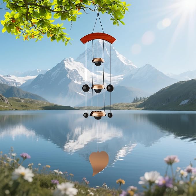 26'' Bell Wind Chimes for Outside Clearance, Temple Windchimes Outdoors w/3 Copper Bells, Memorial Wind Chime Gifts for Mom Grandma Neighbors, Feng Shui Wind Bell for Home Garden Patio Porch Zen Decor