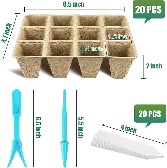20 Pack Peat Pots, 240 Cells Biodegradable Seedling Starter Trays, Peat Pots for seedlings, Seed Starter Kit for Planting Seeds with 20 Plant Labels for Indoor Outdoor Garden