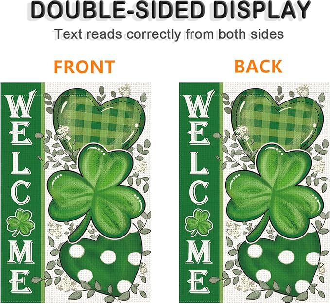 LosFong Welcome St Patricks Day Garden Flag 12x18 Inch Double Sided Lucky Clovers Shamrocks Small Yard Flag for Outside Decoration