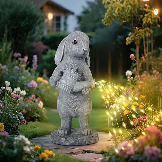 Garden Statues Dog Statue with Solar LED Light, Ideal Gifts for Friends or Family's Birthday, Outdoor Decorations for Yard (Water-Sprinking Rabbit)