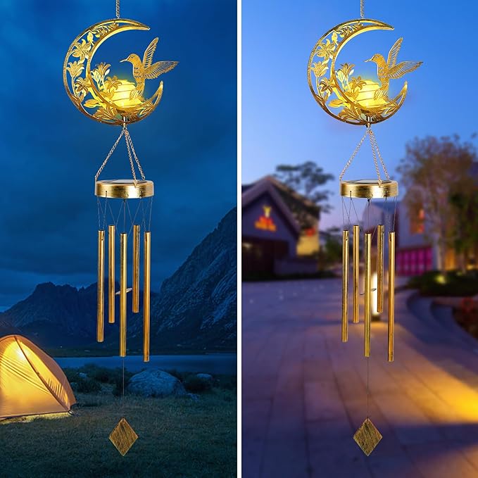 Hummningbird Solar Outdoor Wind Chimes - Unique Moon Hummingbird Design, for Mothers, Grandmothers, Sisters, Friends and Girls on Birthdays, Christmas, Thanksgiving and Mother's Day