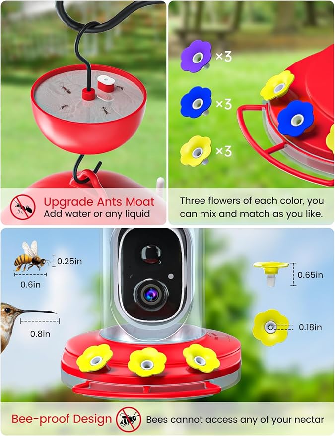 Hummingbird Feeder with Camera Solar Powered, Hummingbird Feeders for Outdoors with 2K Bird Watching Camera, Ideal Gifts for Christmas, White Elephant Gifts