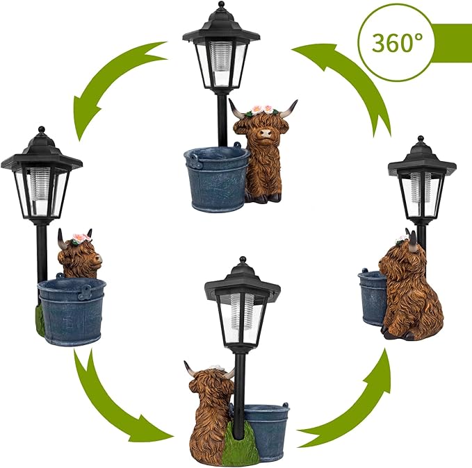 Solar Highland Cow Outdoor Statue, Garden Decor with Flowerpot & Lantern Highland Cow Figurines for Yard Art Lawn Ornaments Porch Patio Balcony - Gifts for Women Mom