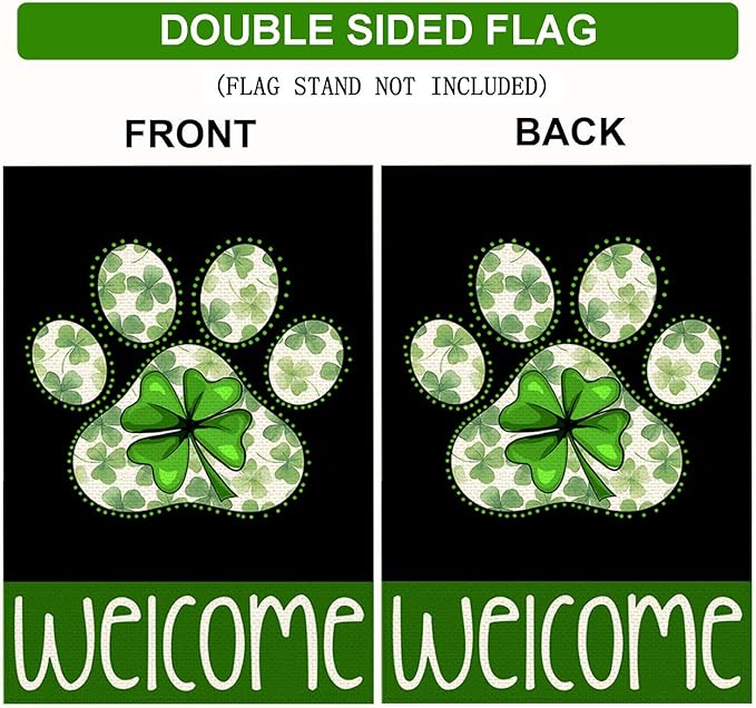 St Patricks Day Garden Flags for Outside, Irish Dog Paw with Green Hat Lucky Shamrocks Yard Decoration, Small Seasonal Outdoor Decor for Farmhouse Holiday,12x18 Inch Double Sided