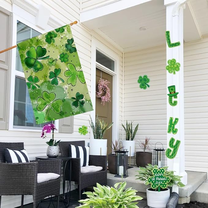 St Patricks Day House Flag for Outside 28x40 Inch Burlap Double Sided, Watercolor Green Lucky Shamrock Clover Sign Large Farmhouse Yard Outdoor Decoration DF434-28