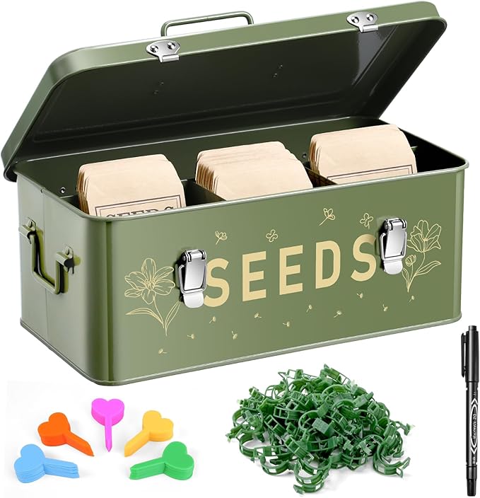Seed Storage Organizer Box with 4 Compartments, Metal Seed Saving Box with Lockable Lid & Safety Locks, Includes 50 Seed Envelopes, 100 Plant Labels, 50 Clips & Marker (olive green)