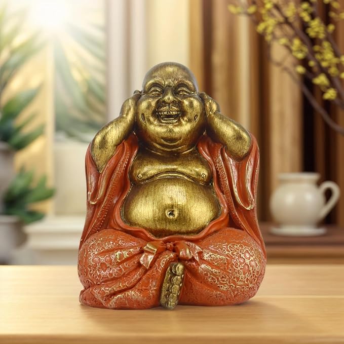 Laughing Buddha Statue - Gold Small Buddha Statues with Three Color Clothes for Home Decor (No See, No Speak, No Hear) - House Decor, Meditation & Feng Shui Gift (5.5 * 4.7 * 6.7") (Orange)