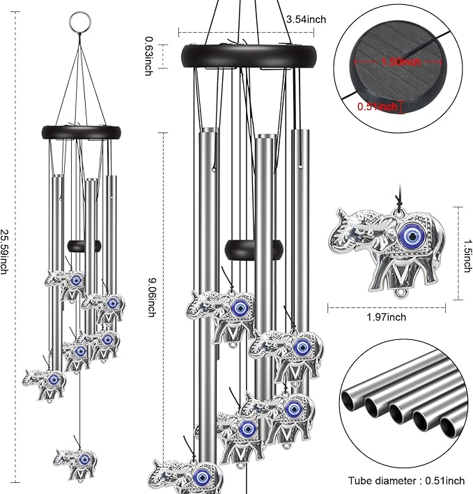 Wind Chimes Outdoor, Elephant Gifts for Women, Outdoor/Indoor Decorations for Patio, Porch, Garden Decor, and Backyard (Evil Eye Elephant)