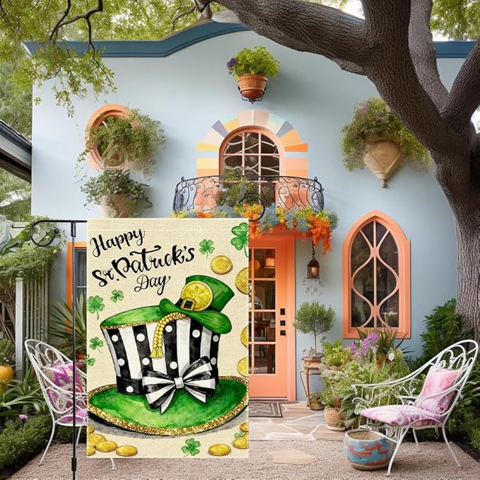Happy St Patrick's Day Garden Flag 12x18 Inch Double Sided Burlap St Patrick's Day Leprechaun Hat Gold Coins Shamrocks Outdoor Decorations