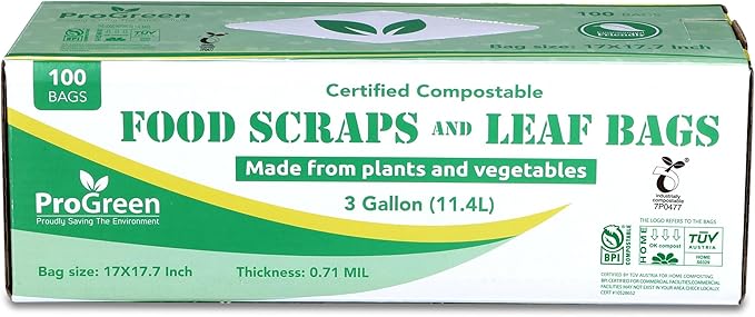 ProGreen Compostable Trash Bags 3 Gallon, Extra Thick 0.71 Mil, 100 Count, Small Kitchen Compost Bin Bags, Food Scraps Yard Waste Bags, Compost ASTM D6400 BPI and TÜV AUSTRIA Certified