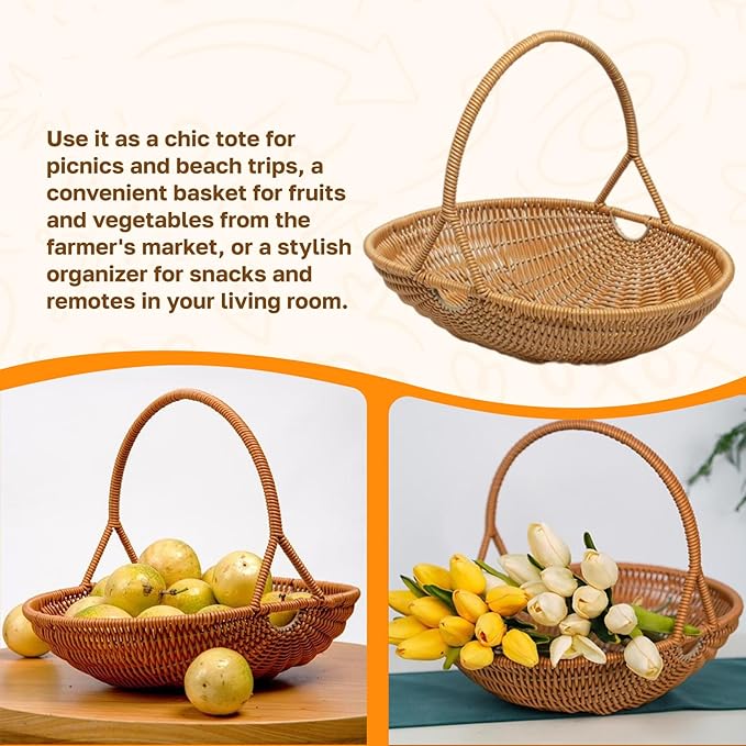 MYCENSE Wicker Picnic Storage Basket with Handle, PP Woven Empty Picnic Baskets, Sturdy Iron Wire Frame, Versatile Harvest Basket for Camping, Beach, Park, Halloween, D 26x20.5x7cm
