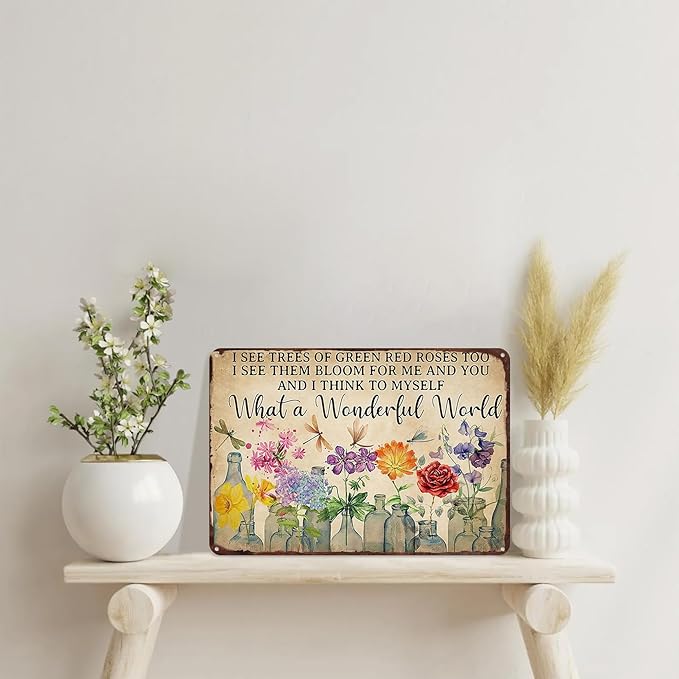 Gardening Sign What A Wonderful World Vintage Flower Tin Plate Sign for Outdoor Garden Greenhouse Yard 8x12 Inch