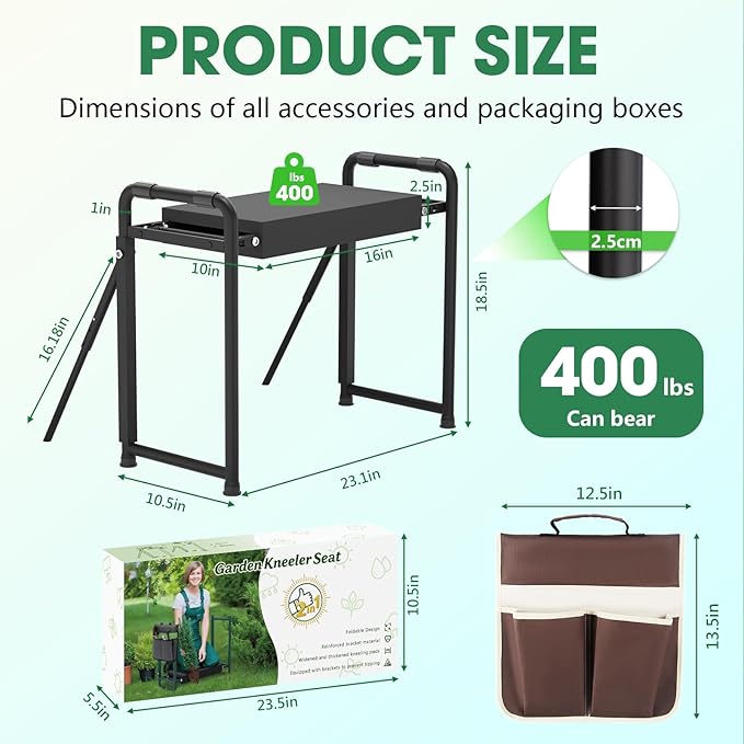 Heavy Duty Garden Kneeler and Seat for Elderly, 400lbs Capacity Foldable Gardening Stool with Support Legs & Thick Pad, Includes Large Tool Organizer Bag, Black (Dark Black)
