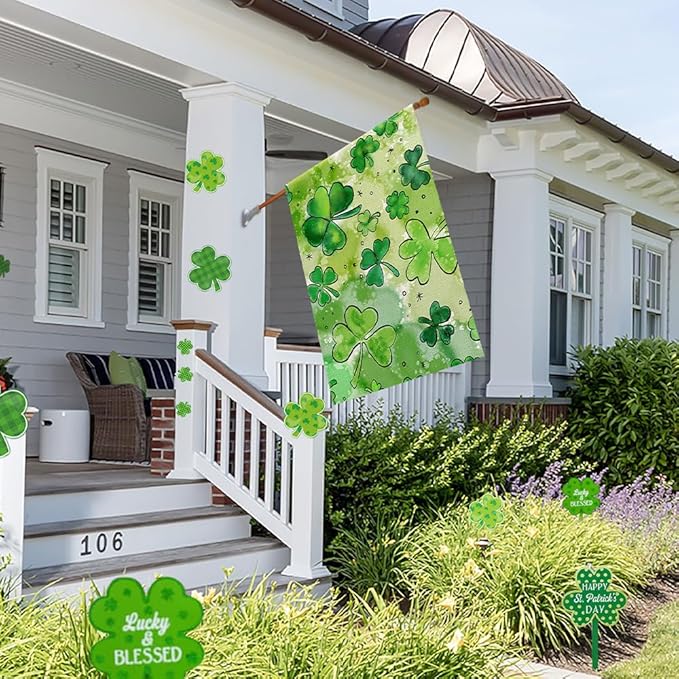 St Patricks Day House Flag for Outside 28x40 Inch Burlap Double Sided, Watercolor Green Lucky Shamrock Clover Sign Large Farmhouse Yard Outdoor Decoration DF434-28