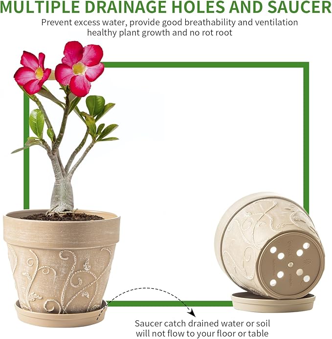 Melphoe Plant Pots Indoor with Drainage & Saucer, 2Pack 7 inch Flower Pots Outdoor Planters for Indoor Plants Garden Home Decor Cactus Succulent, Rigid Plastic (Imitation-Terracotta) Vine-Embossed