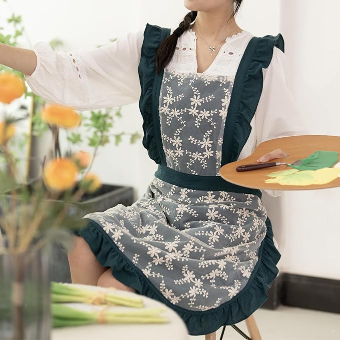 Vintage Pinafore Apron Dress for Women with Pockets Cute Floral Chef Aprons for Kitchen Cooking Baking Gardening