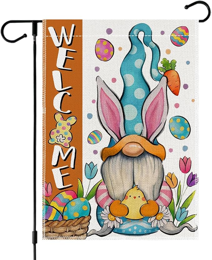 12x18 Inch Easter Garden Flag Double Sided, Bunny Gnomes Yard Flag for Outdoor Decoration